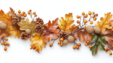 Autumn leaves, acorns, pinecones, and berries arranged in a fall border on white background