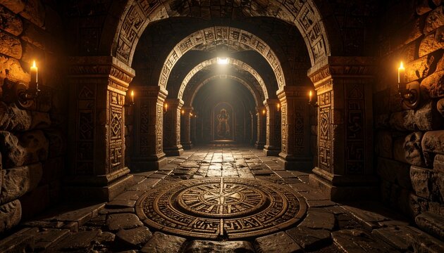 Ancient stone corridor, candlelit arches, mysterious atmosphere, intricate carvings, underground passage, mystical ambiance, dark fantasy setting, medieval architecture,  rune symbols.