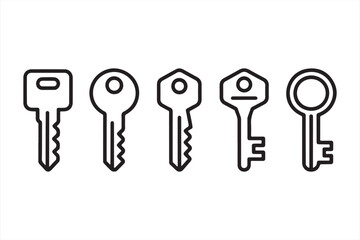 Diverse Key Collection: A close-up studio shot, features a graphic linear depiction of an array of five antique keys. This represents security, access, and unlocking potential opportunities.