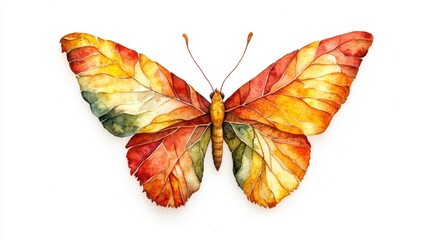 Fototapeta premium Colorful butterfly with autumn leaf wings in watercolor style on white background