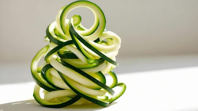 A decorative arrangement of spiralized zucchini, resembling a stylized tree shape.