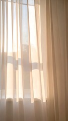 Soft morning light passing through sheer curtains on window, cozy peaceful atmosphere 