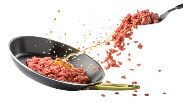 Beef milled meat flying from a pan PNG Image