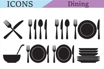 Dining Icon Set: Clean and minimalist silhouettes of dining essentials, perfect for web design, restaurant menus, or any project related to food and hospitality. 