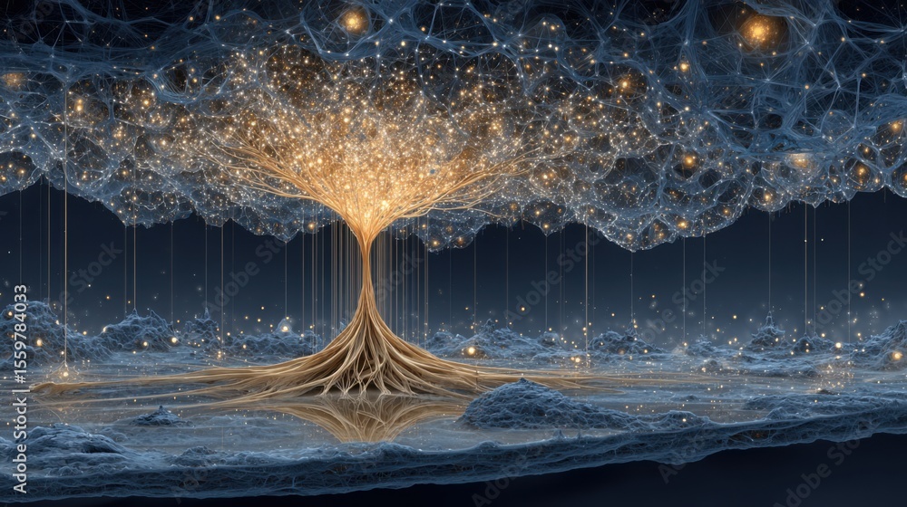 Poster a majestic luminous tree rises from a mystical landscape, surrounded by ethereal lights and cosmic p