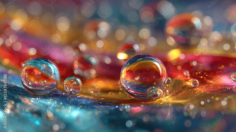 Poster light reflects off colorful water droplets resting on a vibrant, textured surface, creating a captiv
