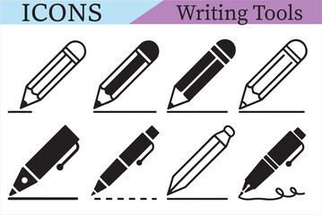 Writing Tools Icons: Diverse illustrations showcase essential writing tools, including pencils and pens, ready to inspire creative expression and clear communication.