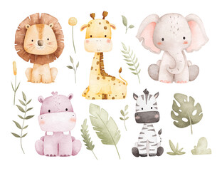 Watercolor Illustration Set of Safari Animals and Tropical Leaves