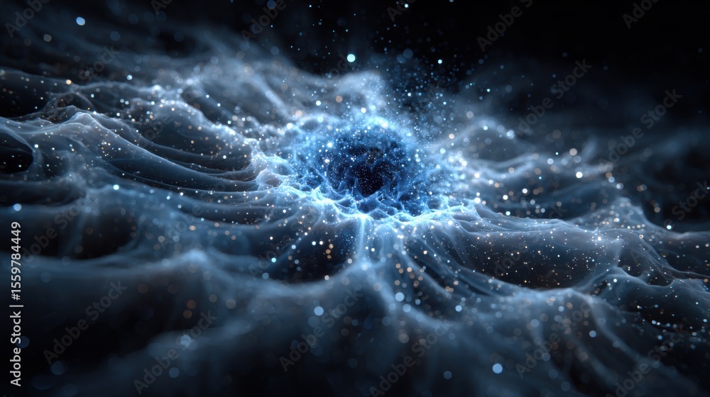 Poster bright energy swirls in deep space, showing a mesmerizing interaction of luminous particles with a d