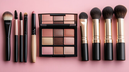 Elegant makeup palette and brush collection on pastel pink background for beauty and cosmetics industry promotion