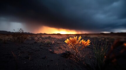 Fiery Sunset Illuminating Desert Landscape With Golden Brush And Rain Clouds