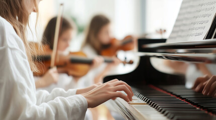 Young musicians collaborate during a music lesson at a studio focusing on piano and violin skills for their performance