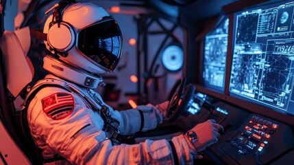 Astronaut in Spacecraft Operating Control Panel in Futuristic Setting