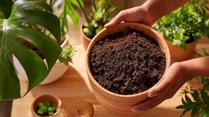 Hands holding a terracotta pot filled with rich soil ready for planting surrounded by lush indoor plants