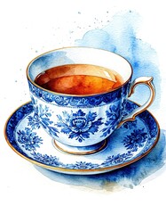 Tea cups with saucers of watercolor illustration. Vintage porcelain.