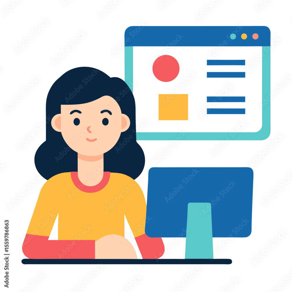 Aufkleber young woman working on a computer with a website interface on the screen