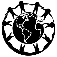 Diverse people holding hands in a circle around the planet earth