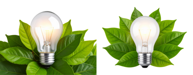  Glowing Light Bulb Nestled in Vibrant Green Leaves, Isolated PNG