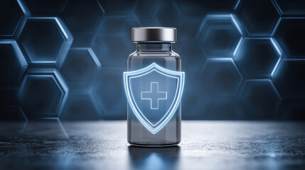 Vaccine bottle surrounded by glowing barrier medical environment virus protection immunity concept