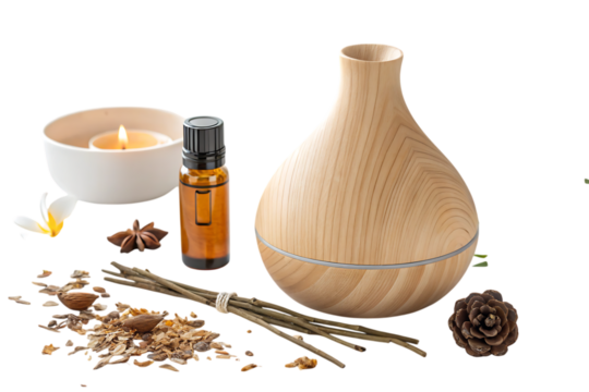 Beige wooden diffuser with amber essential oil bot PNG Image