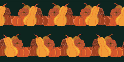 Seamless striped pattern of cartoon pumpkins and gourds in bright fall colors on a dark teal background. Perfect for kids' party decorations, children's fabric prints, and fun autumn themes.