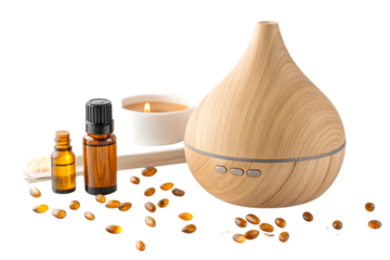 Beige wooden diffuser with amber essential oil bot PNG Image