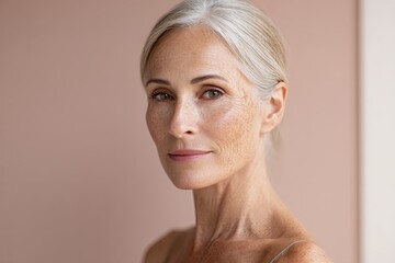 A serene portrait of a woman with age spots captured in soft morning light standing in front of