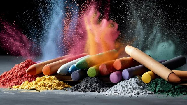 Vibrant assortment of colorful chalk pastels arranged artistically on a dark surface, with vivid powder dust swirling around, showcasing the beauty of artistic materials and creative expression