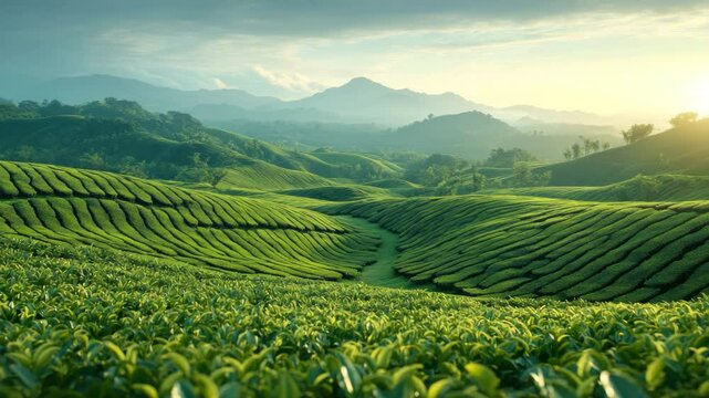 Green tea plantation and crop field with rolling hills, misty mountain range, morning light over agricultural land, rural scenery showcasing nature landscape and lush green fields at sunrise