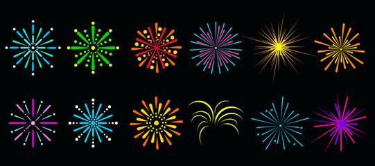 Celebration Simple Fireworks with Black Background Vector Illustration Collection