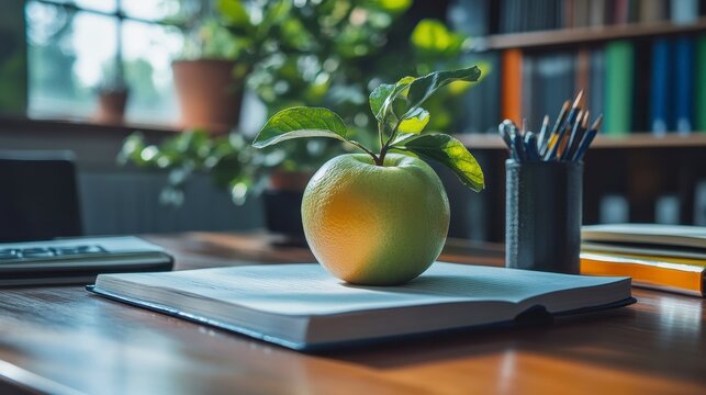 Fresh Green Apple on Open Book in Cozy Study Environment