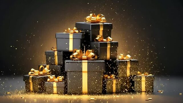 Animation with a stack of elegant black gift boxes adorned with golden ribbons, surrounded by shimmering confetti, creating a festive and celebratory atmosphere