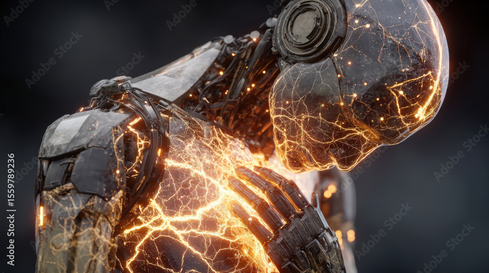 Poster a futuristic robot with visible cracks glowing with fiery light, symbolizing energy and technologica