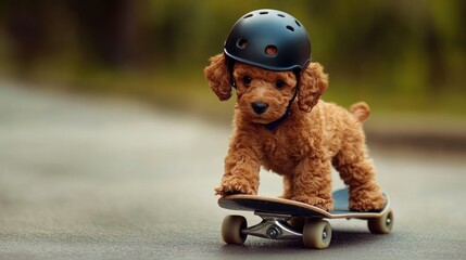 Poodle puppy on a skateboard with a helmet