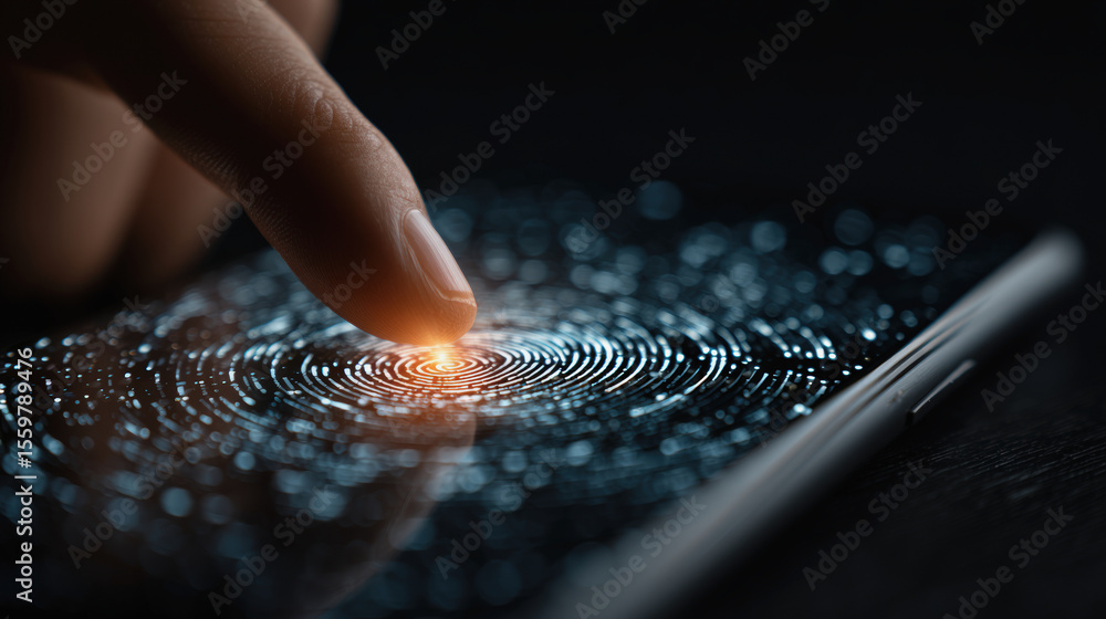 Aufkleber a finger activates a glowing fingerprint sensor on a smartphone, symbolizing biometric security and 