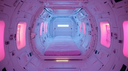Obraz premium Futuristic Capsule Bedroom Design with Soft Pink Lighting Interior