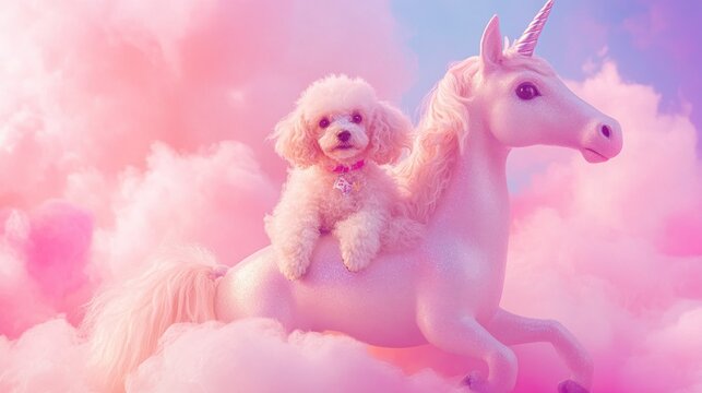 Poodle puppy riding a unicorn in a magical pastel world