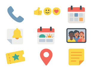 Friendship Icon Set. Flat icon set of maintaining adult friendships: phone call, emoji reactions, shared