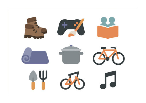 Hobbies Icon Set. Flat icon set of hobbies shared with adult friends: hiking boots, game controller, art