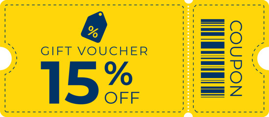 Bright yellow gift voucher offering 15% off with modern typography, barcode, and coupon tag. Ideal for sales, retail promotions, marketing, and e-commerce designs.