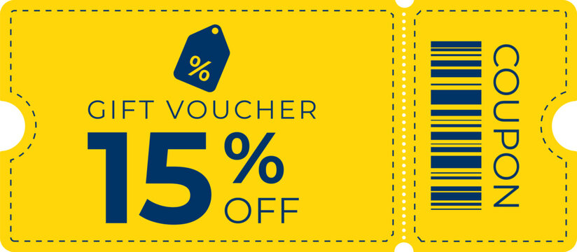 Bright yellow gift voucher offering 15% off with modern typography, barcode, and coupon tag. Ideal for sales, retail promotions, marketing, and e-commerce designs.