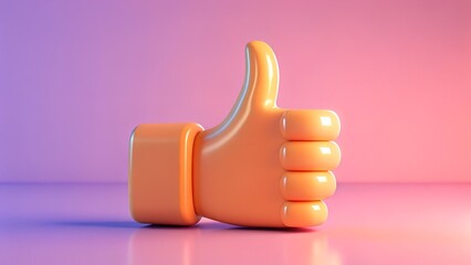 Stylized 3d orange thumbs up icon with rounded edges against a soft gradient background of purple and pink