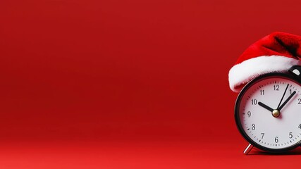 Classic alarm clock adorned with a festive red Santa hat, set against a vibrant red background, symbolizing the holiday season and the countdown to Christmas celebrations and festivities