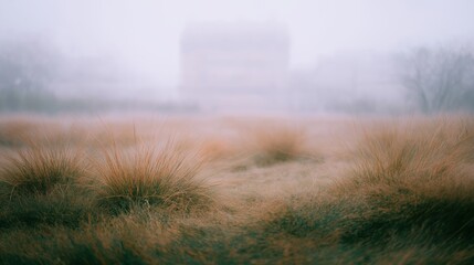 Misty Landscape with Tall Grass Background