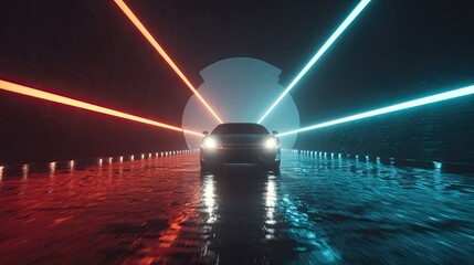 Car driving fast in tunnel with colorful neon lights