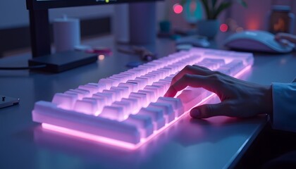 Person Hand Typing on Illuminated Pink and White Mechanical Keyboard in Dark Office