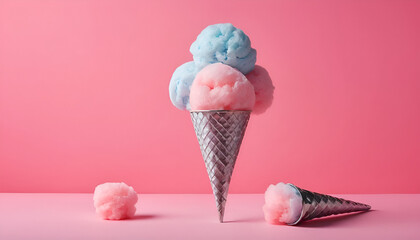 Vibrant cotton candy cones styled creatively on a pink backdrop, evoking playfulness and sweetness.