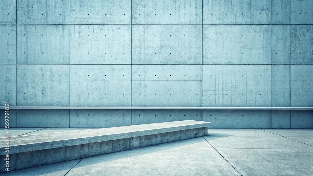 Poster minimalist architectural scene featuring a long concrete bench in front of a textured concrete wall 
