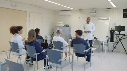 Medical team meeting discussing patient care in slow motion