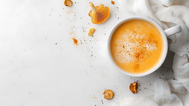 Delight in a creamy chanterelle soup served in a white mug against a minimalist white backdrop, accented by scattered mushrooms and fabric.
